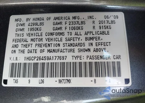 2009 Honda Accord 2.4 Lx-P z USA, uszkodzony, nr VIN 1HGCP26459A177697